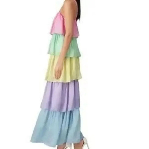 OLIVIA RUBIN Cici Tiered Silk Maxi Dress In Rainbow Neapolitan Colorblock - Size - Picture 2 of 12